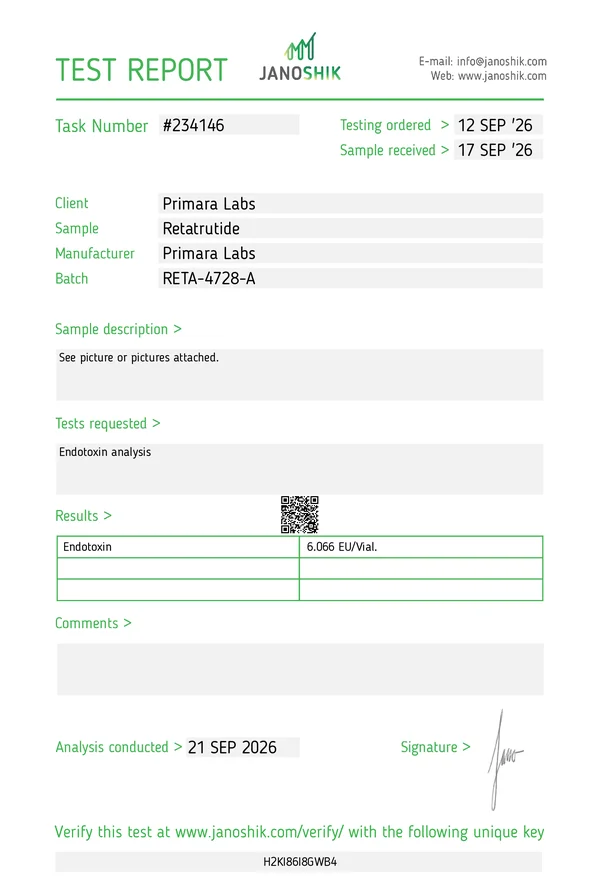 Janoshik test report 234146 for Retatrutide batch RETA-4728-A: Bacterial endotoxin (LAL), 6.066 EU per vial
