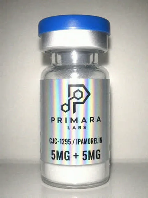 CJC-1295 / Ipamorelin 5mg + 5mg vial from Primara Labs, photographed from stock