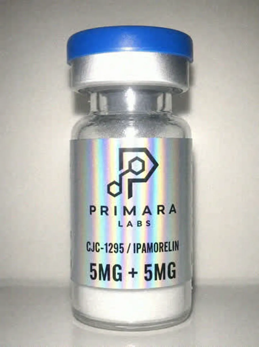 CJC-1295 / Ipamorelin 5mg + 5mg vial from Primara Labs, photographed from stock