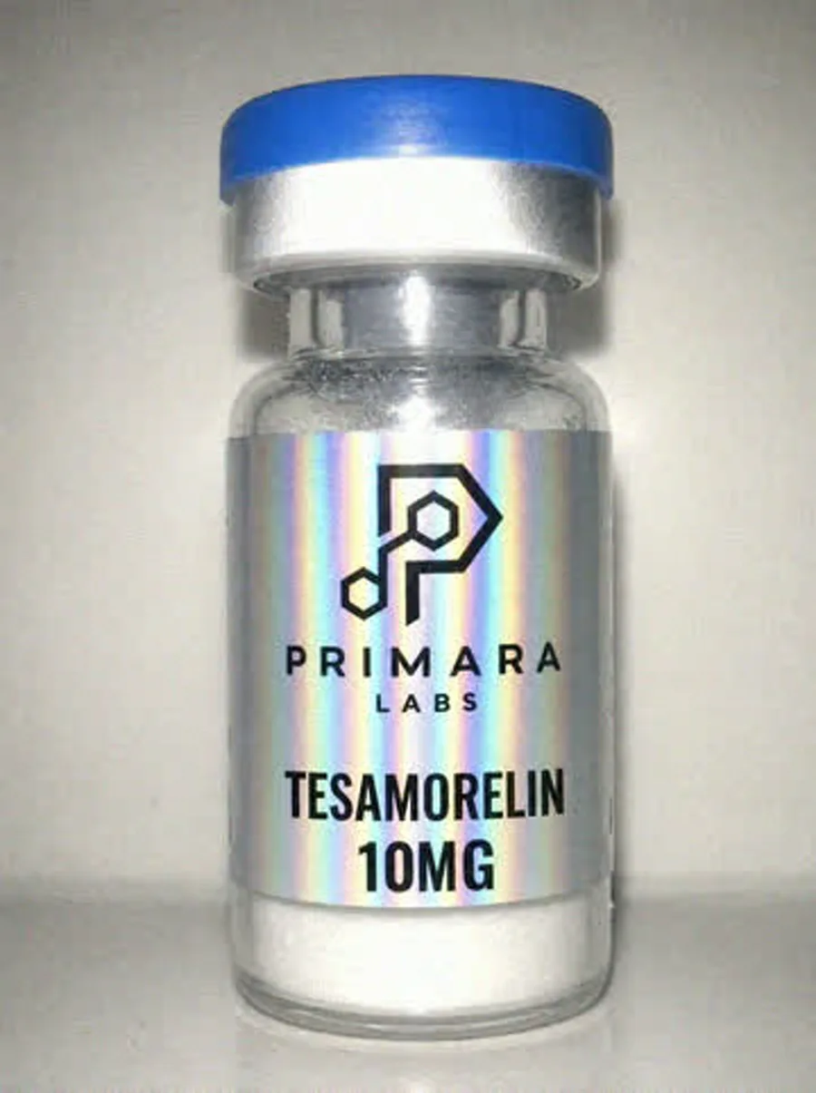 Tesamorelin 10mg vial from Primara Labs, photographed from stock