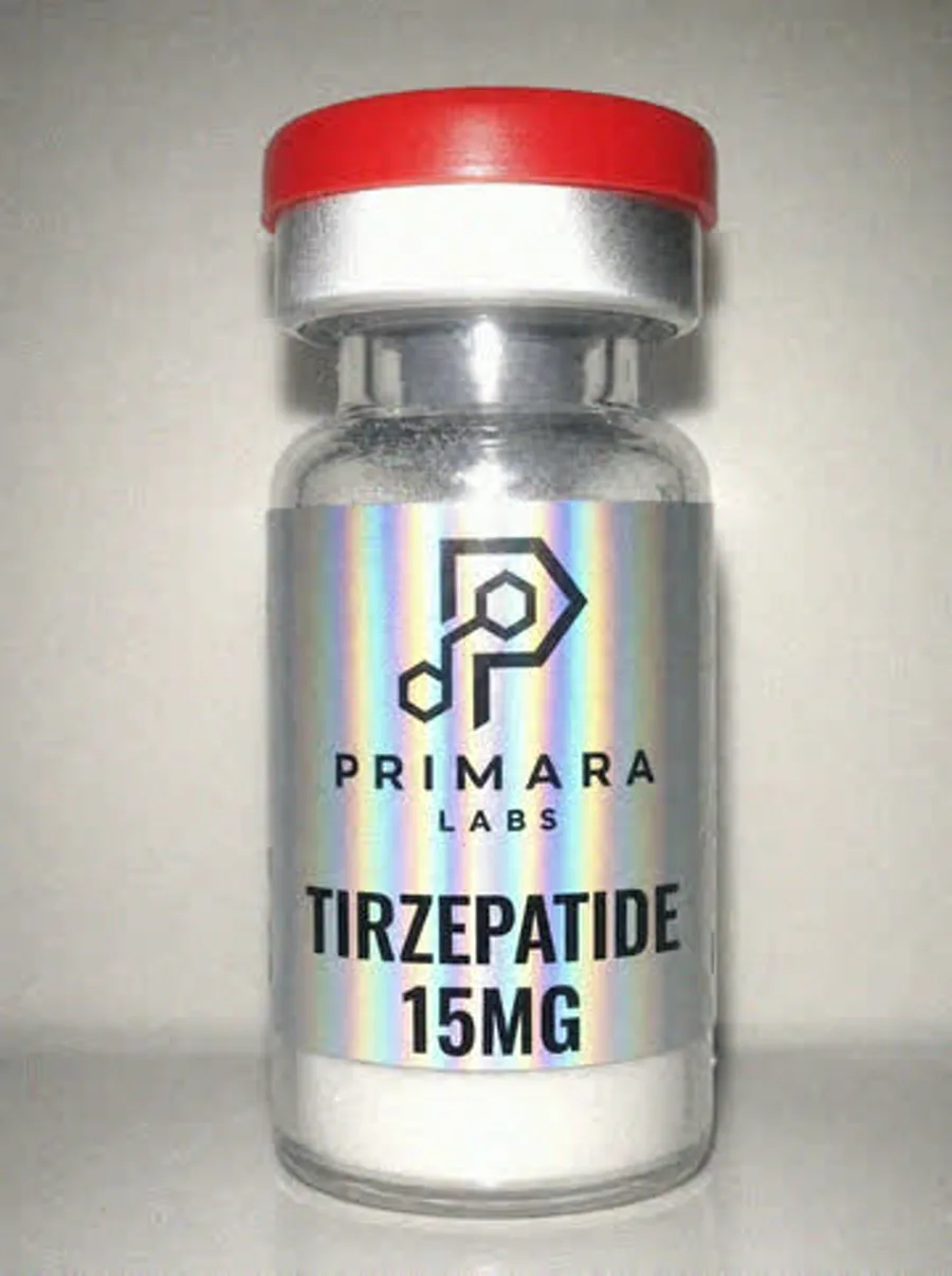 Tirzepatide 15mg vial from Primara Labs, photographed from stock